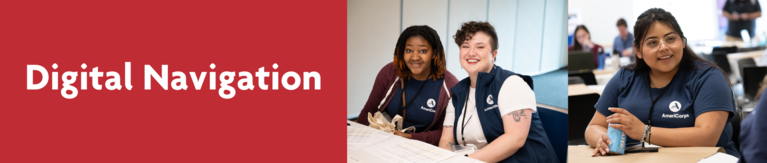 Decorative banner with photos of AmeriCorps members that participate in the Digital Navigators program
