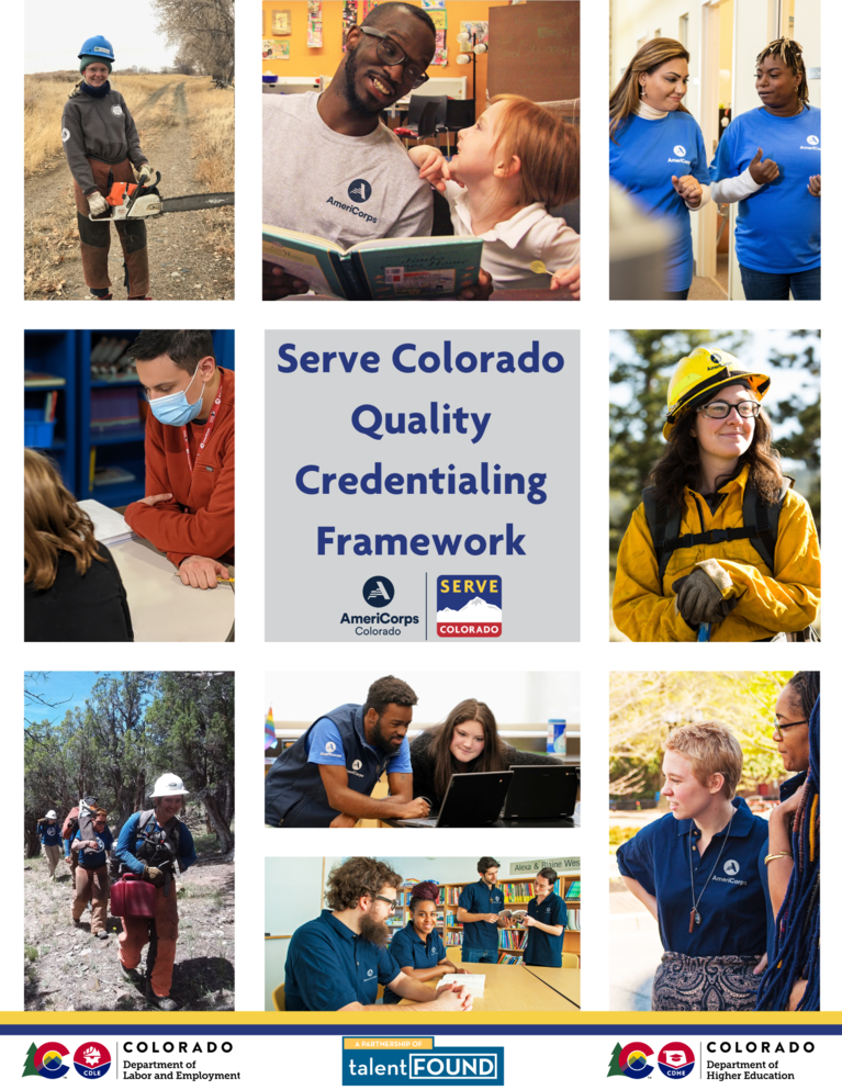 The cover graphic for Serve Colorado's Quality Credentialing Framework, includes photos of members serving in the field