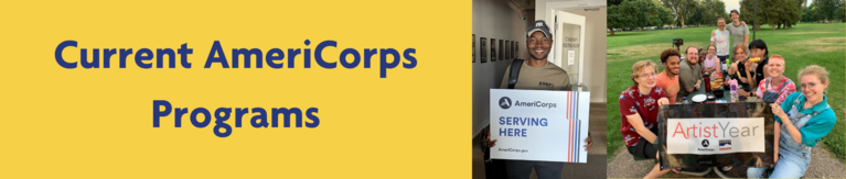 a decorative yellow banner titled "current americorps programs" with a couple photos of members smiling