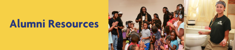 a decorative yellow banner titled "alumni resources" with a couple photos of members smiling