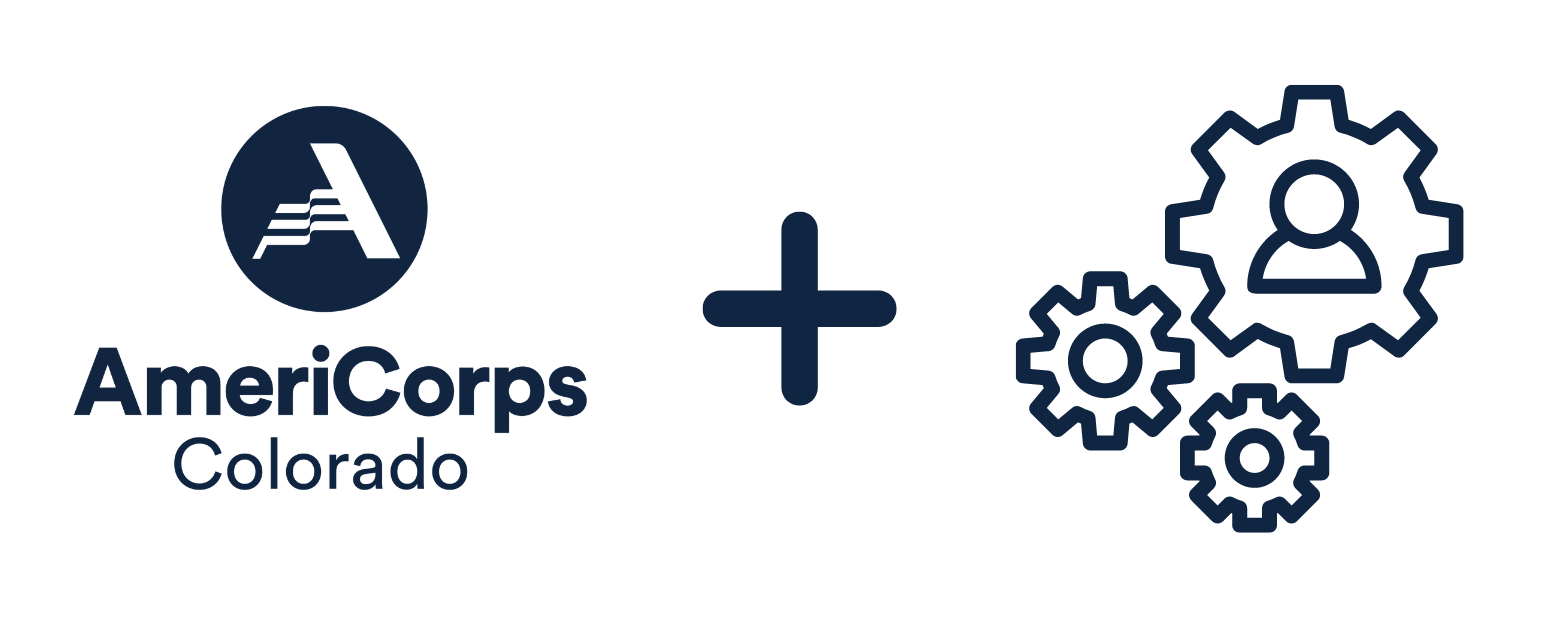 AmeriCorps logo, plus sign, graphic of gears 