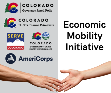 Partner Logos: Governor Polis, Lt. Governor Primavera, Serve Colorado, Colorado Department of Health and Human Services, and AmeriCorps. Photo of two hands reaching out to one another. 