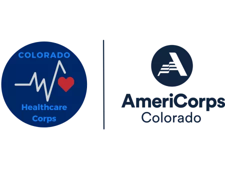 Blue round Colorado Health Care Corps logo with a heart beat. AmeriCorps Colorado 'A' logo