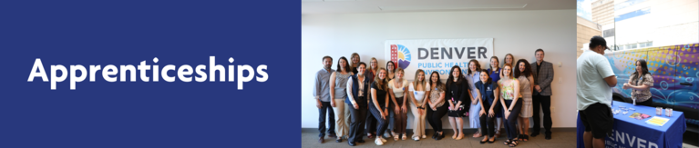 Decorative banner with photos of AmeriCorps members that participate in an apprenticeship program