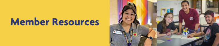 a decorative yellow banner titled "member resources" with a couple photos of members smiling