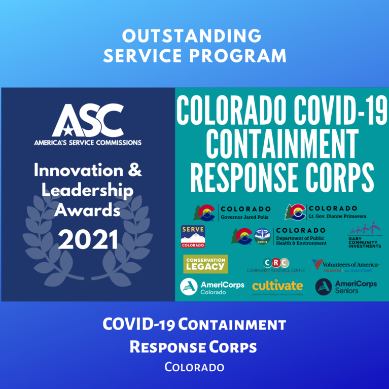 ASC Innovation and Leadership Awards Outstanding Service Program- COVID-19 Containment Response Corps. Includes logos of partner organizations 